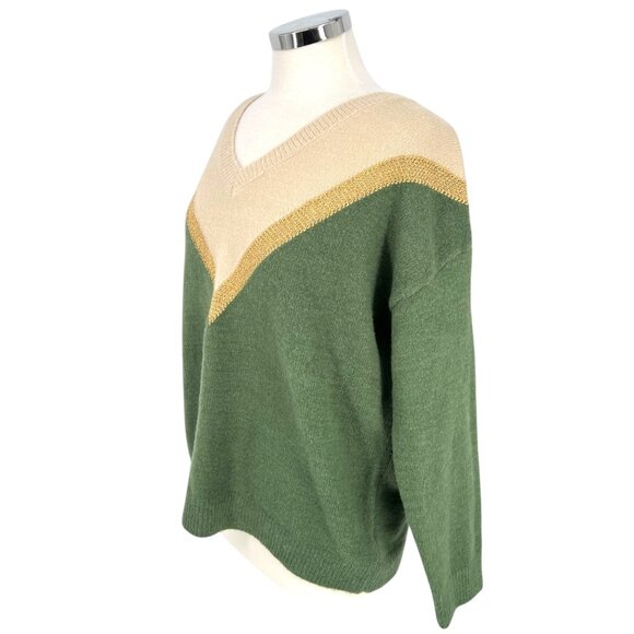 Aaron & Amber Chevron V-Neck Sweater Beige Gold Green Size Medium - Picture 6 of 12